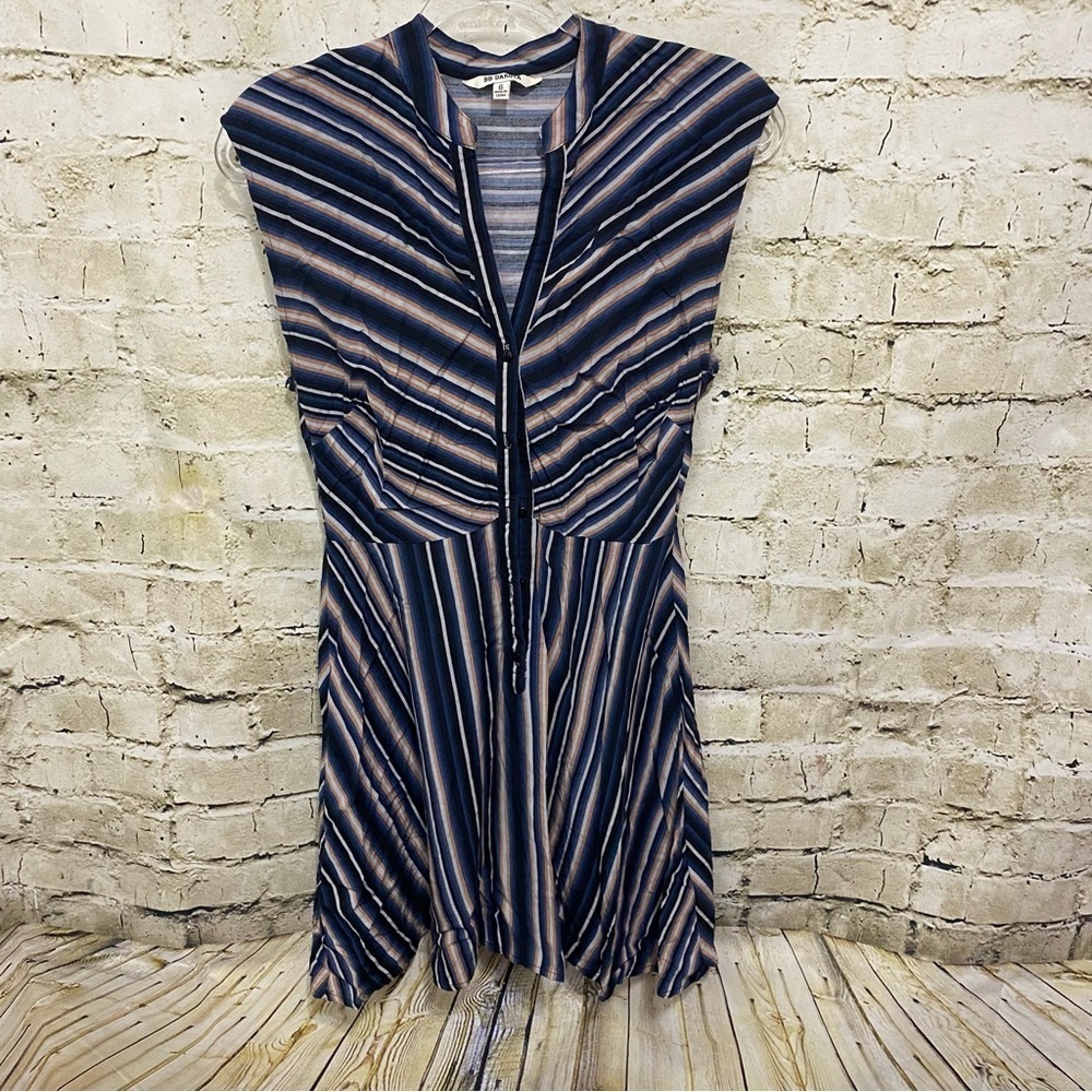 BB Dakota Blue Striped V Neck Button Down Dress